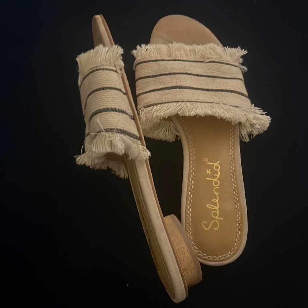 Like New - Splendid Baldwyn ivory and blue slides with fringe